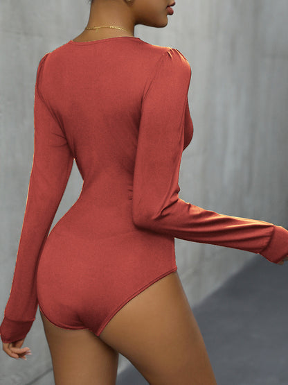Lace Detail Plunge Long Sleeve Bodysuit - Fashion Finder Hub