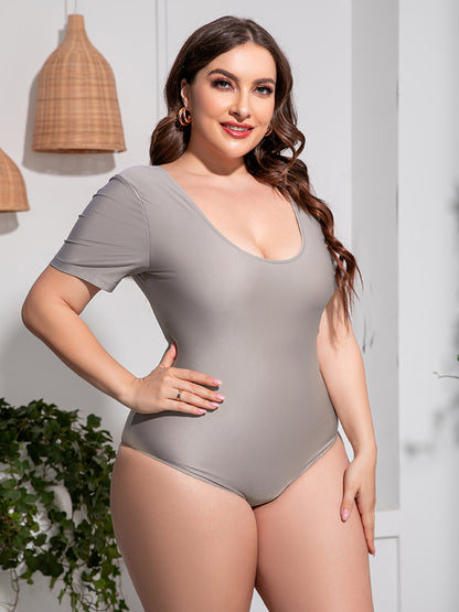 Plus Size Scoop Neck Short Sleeve One-Piece Swimsuit - Fashion Finder Hub