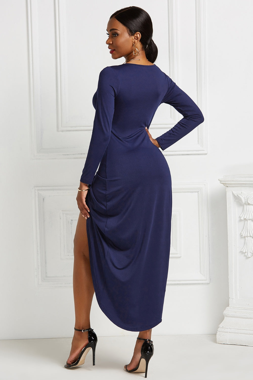 High-low Ruched Surplice Long Sleeve Dress - Fashion Finder Hub