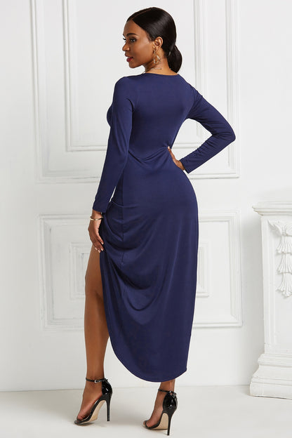 High-low Ruched Surplice Long Sleeve Dress - Fashion Finder Hub