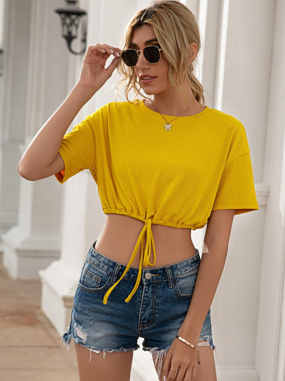 Drawstring Round Neck Short Sleeve T-Shirt - Fashion Finder Hub