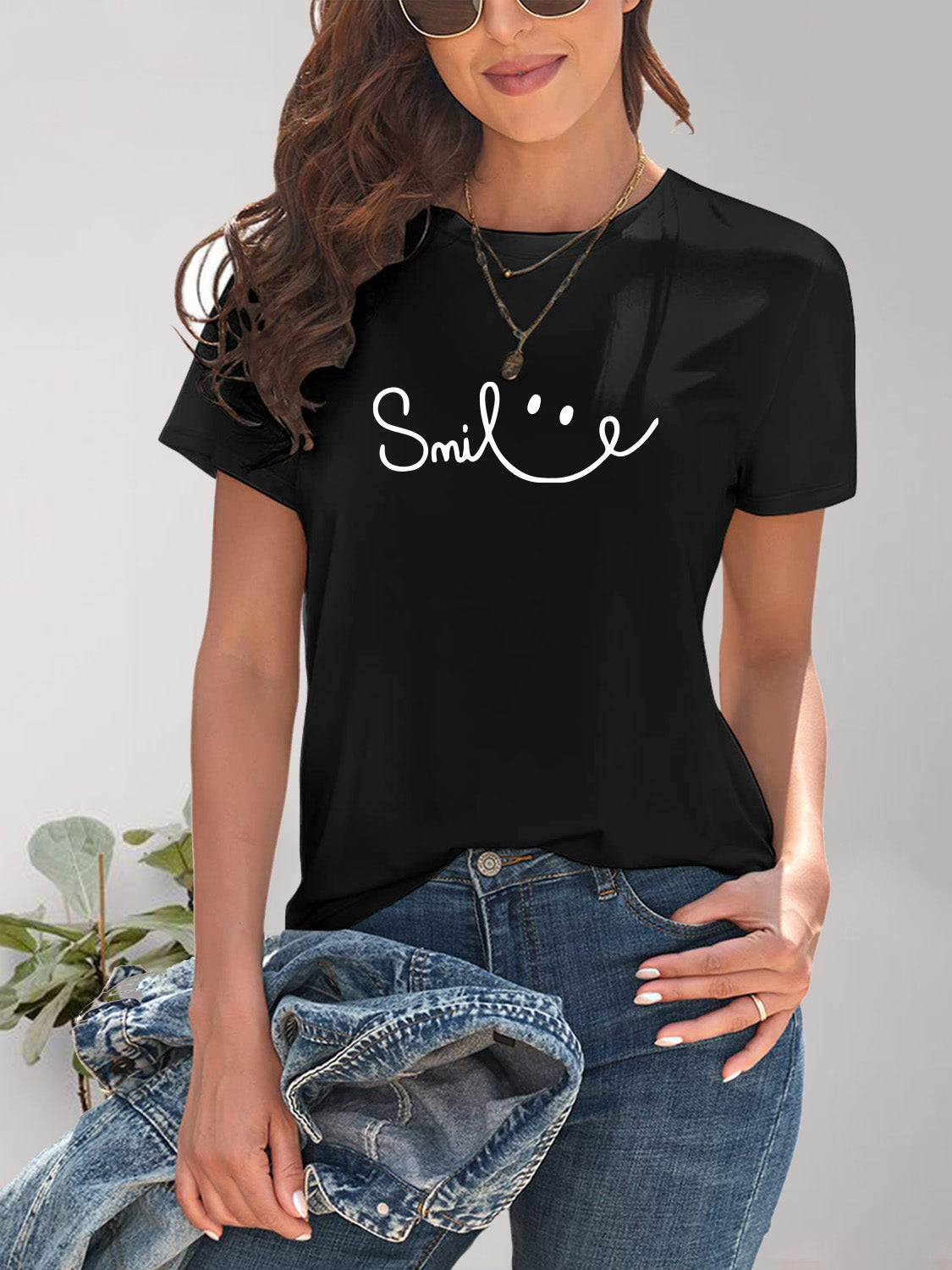 SMILE Round Neck Short Sleeve T-Shirt - Fashion Finder Hub