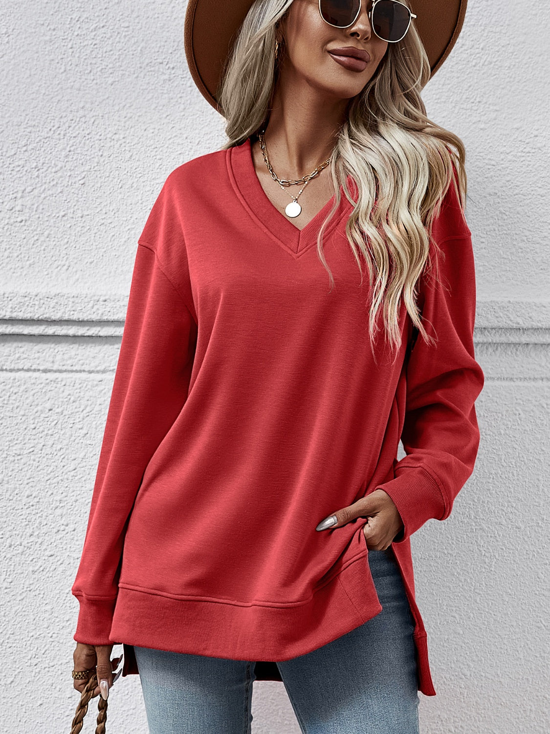 V-Neck Slit Long Sleeve Sweatshirt