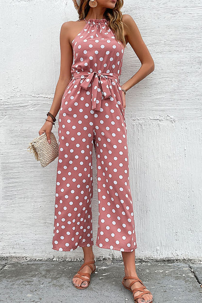 Polka Dot Grecian Wide Leg Jumpsuit - Fashion Finder Hub