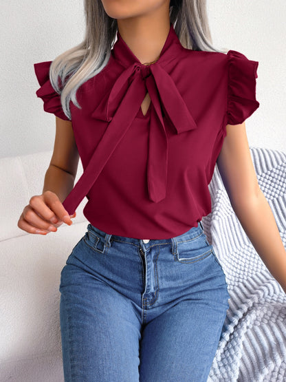 Tie  Neck Cap Sleeve Blouse - Fashion Finder Hub