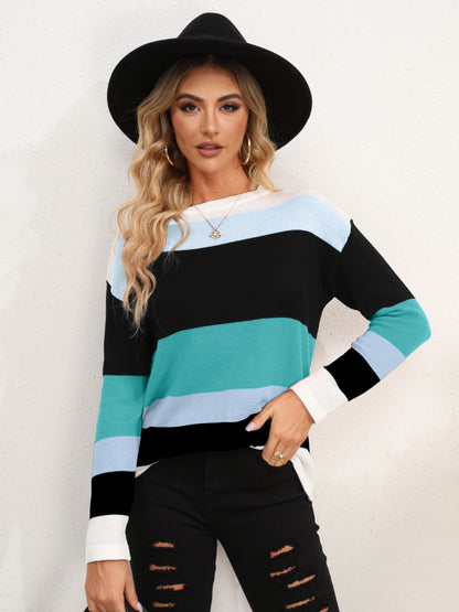Striped Round Neck Dropped Shoulder Sweater - Fashion Finder Hub