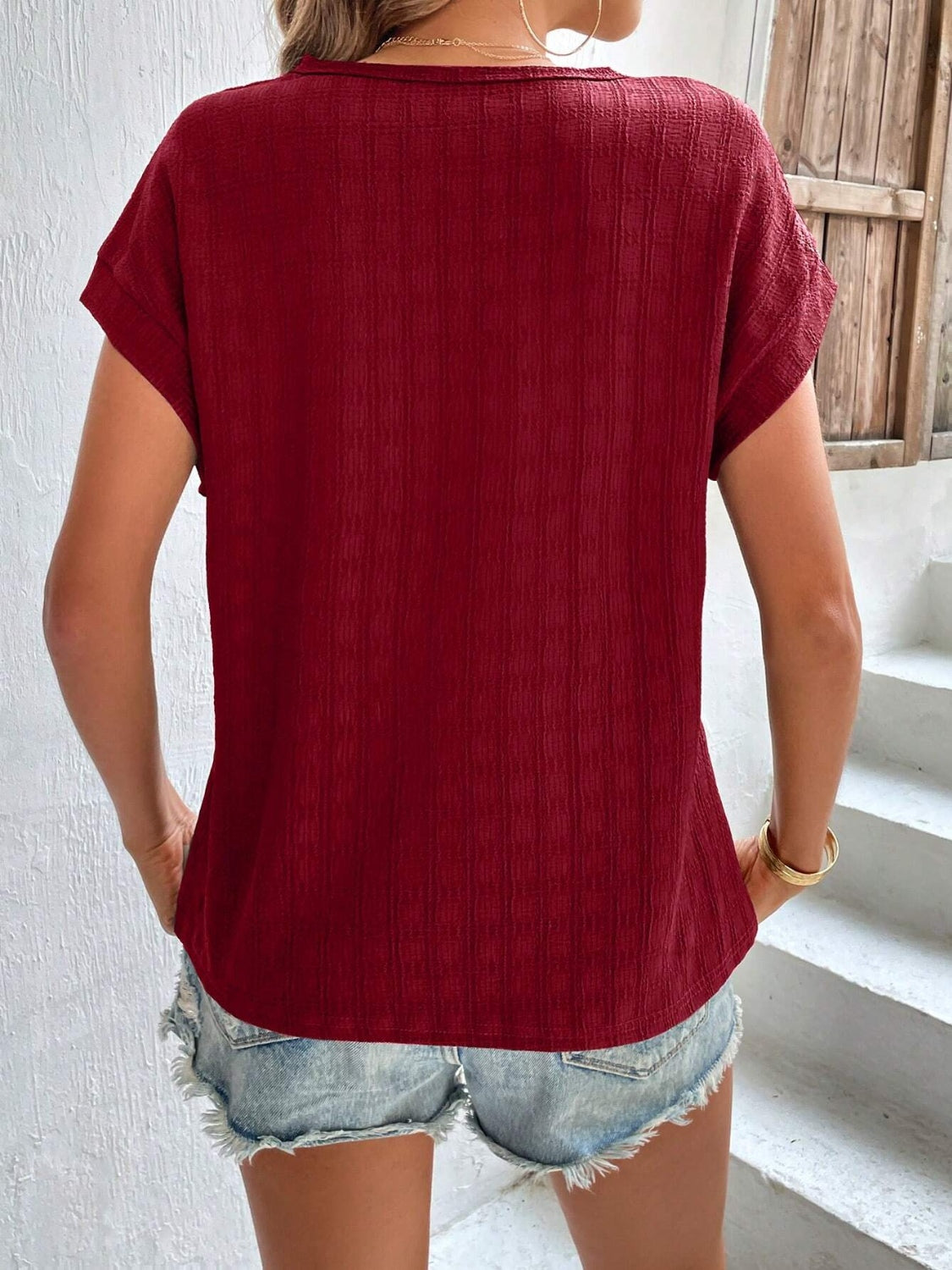 Textured Round Neck Short Sleeve Top - Fashion Finder Hub