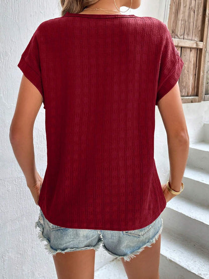 Textured Round Neck Short Sleeve Top - Fashion Finder Hub