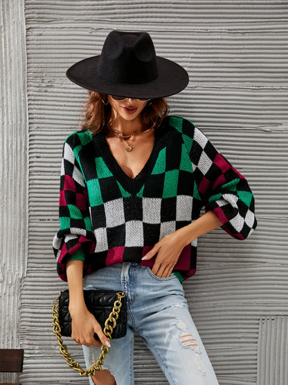 Checkered V-Neck Lantern Sleeve Sweater - Fashion Finder Hub