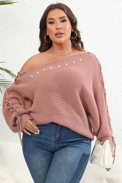 Plus Size One Shoulder Beaded Sweater - Fashion Finder Hub