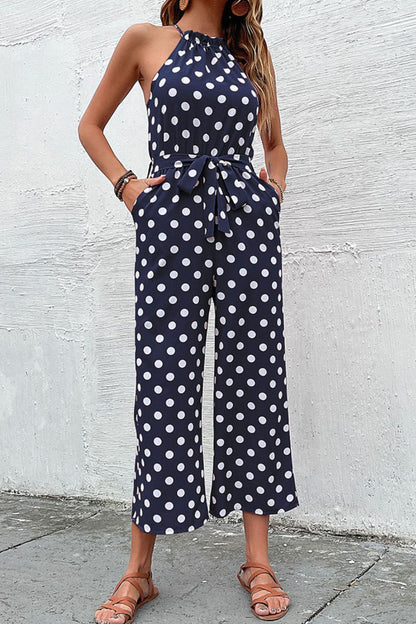 Polka Dot Grecian Wide Leg Jumpsuit - Fashion Finder Hub