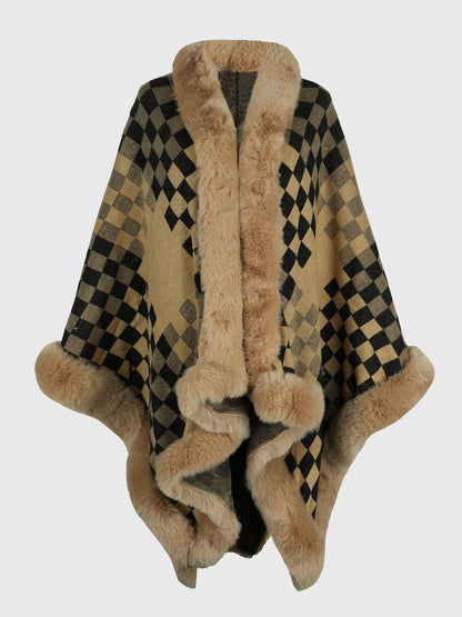 Checkered Faux Fur Trim Poncho - Fashion Finder Hub