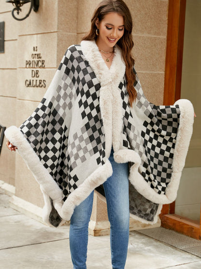 Checkered Faux Fur Trim Poncho - Fashion Finder Hub