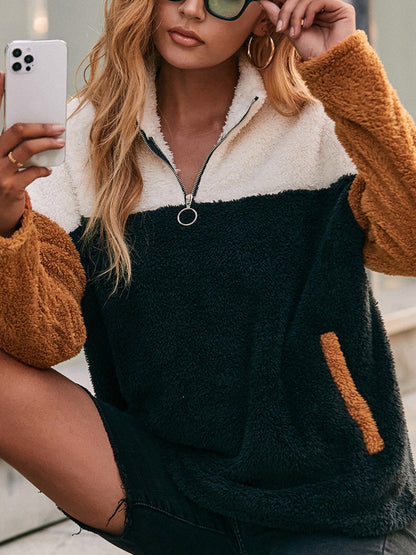 Color Block Quarter Zip Dropped Shoulder Sweatshirt - Fashion Finder Hub