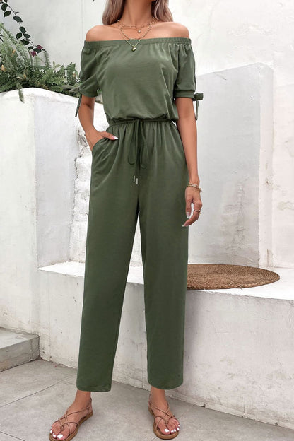 Off-Shoulder Tie Cuff Jumpsuit with Pockets - Fashion Finder Hub