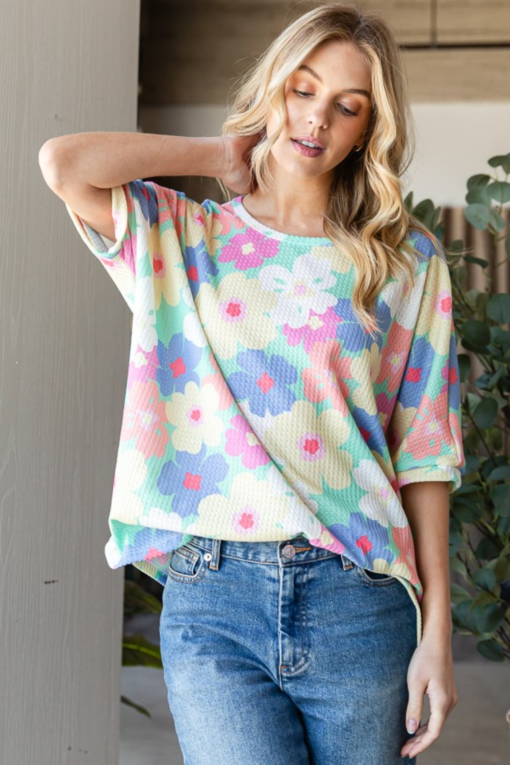 HOPELY Floral Waffle Oversized T-Shirt - Fashion Finder Hub