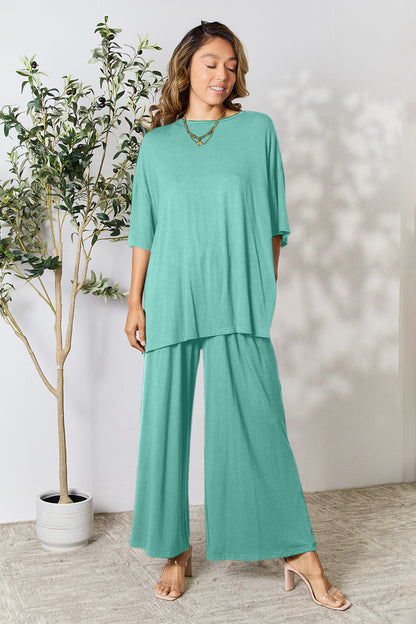 Double Take Full Size Round Neck Slit Top and Pants Set - Fashion Finder Hub