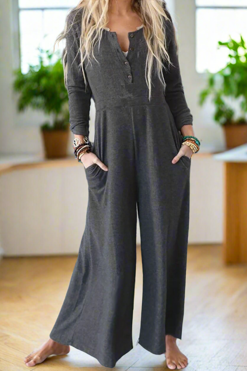 Pocketed Long Sleeve Wide Leg Jumpsuit