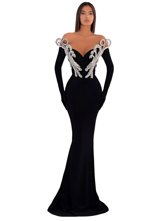V Neck Black Velvet Maxi Long Luxury Gowns With Gloves
