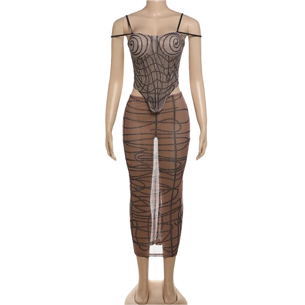 Brown Sexy Mesh Perspective Skinny Skirts Two Piece Sets