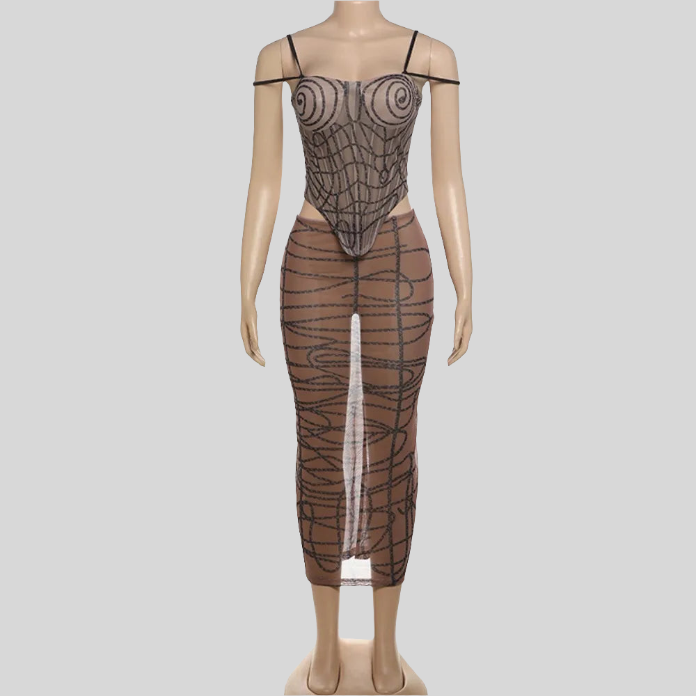 Brown Sexy Mesh Perspective Skinny Skirts Two Piece Sets