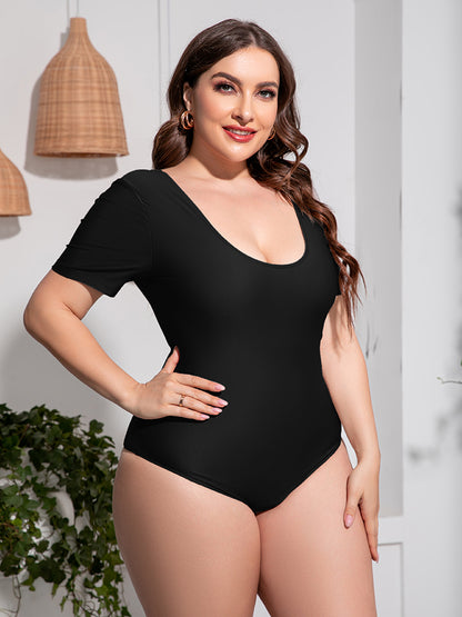 Plus Size Scoop Neck Short Sleeve One-Piece Swimsuit - Fashion Finder Hub