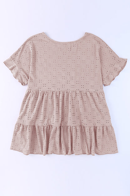 Plus Size Eyelet Round Neck Short Sleeve Blouse - Fashion Finder Hub