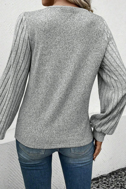 Decorative Button V-Neck Lantern Sleeve Blouse - Fashion Finder Hub