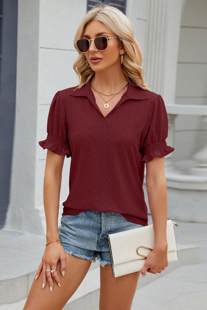 Eyelet Johnny Collar Short Sleeve Blouse - Fashion Finder Hub