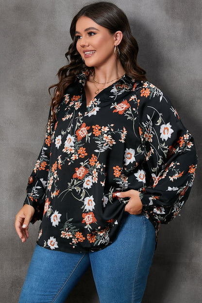 Plus Size Printed Johnny Collar Long Sleeve Blouse - Fashion Finder Hub