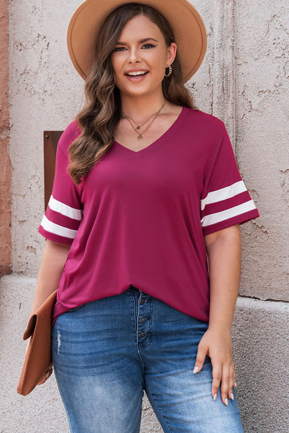 Plus Size Striped V-Neck Tee Shirt - Fashion Finder Hub