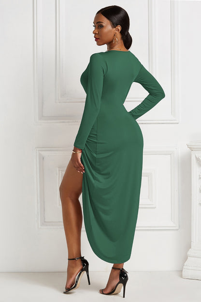 High-low Ruched Surplice Long Sleeve Dress - Fashion Finder Hub