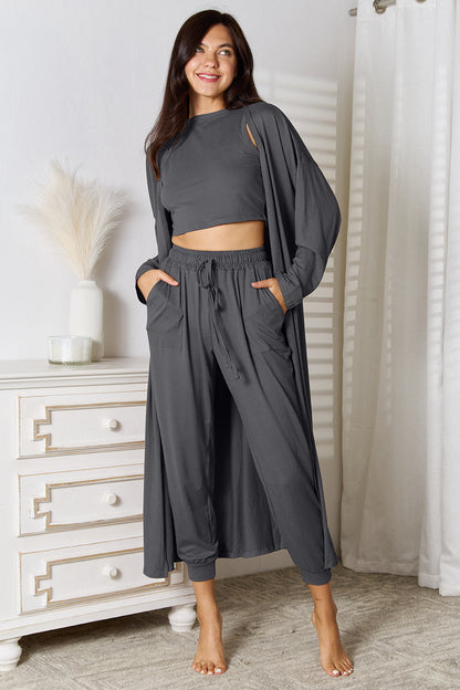 Tank, Pants, and Cardigan Set with Pockets - Fashion Finder Hub