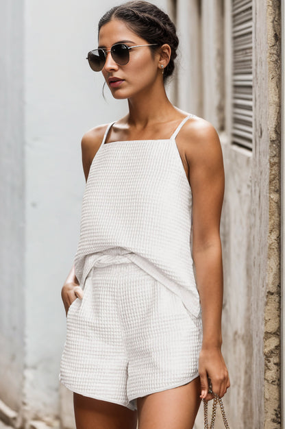 Waffle-Knit Cami and Pocketed Shorts Set - Fashion Finder Hub