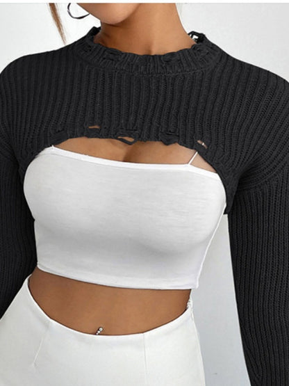 Distressed Long Sleeve Cropped Sweater - Fashion Finder Hub