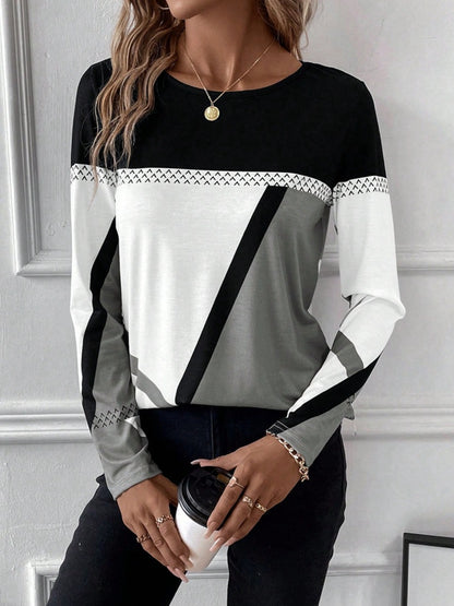 Contrast Round Neck Long Sleeve T-Shirt - Fashion Finder Hub