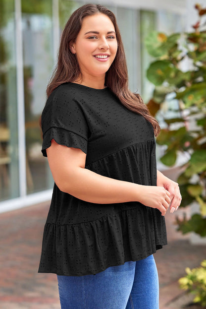 Plus Size Eyelet Round Neck Short Sleeve Blouse - Fashion Finder Hub