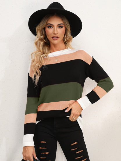 Striped Round Neck Dropped Shoulder Sweater - Fashion Finder Hub