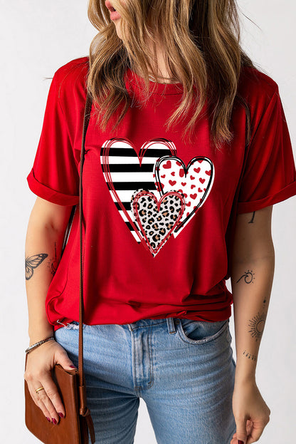 Heart Round Neck Short Sleeve T-Shirt - Fashion Finder Hub