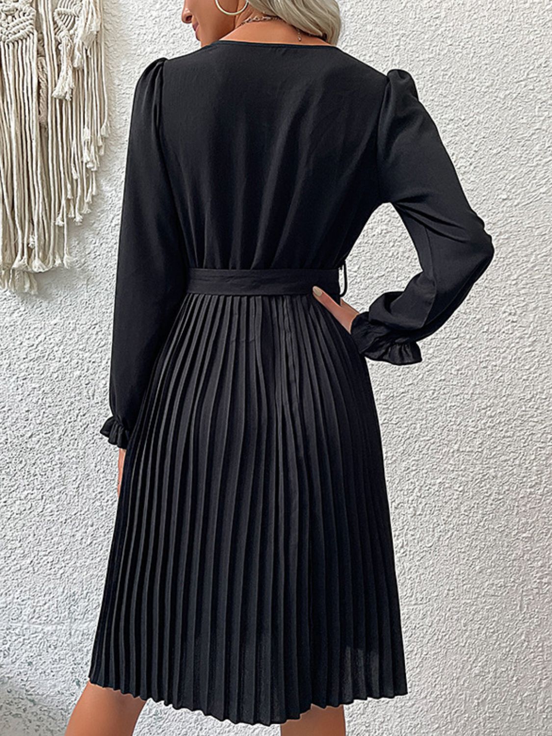 Perfee Decorative Button Belted Puff Sleeve Pleated Dress