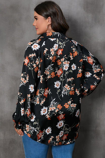 Plus Size Printed Johnny Collar Long Sleeve Blouse - Fashion Finder Hub