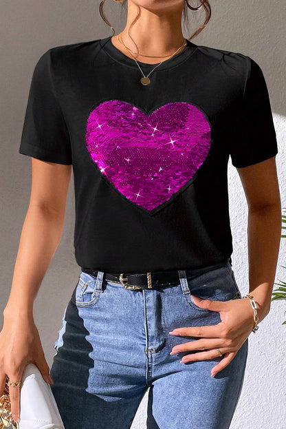 Heart Sequin Round Neck Short Sleeve T-Shirt - Fashion Finder Hub