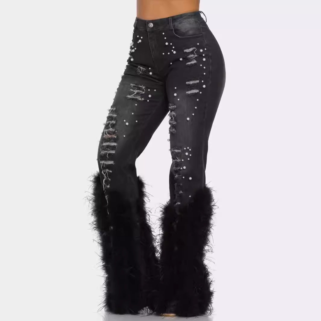 Abby Artificial Wool Ripped Beaded Stretch Jeans