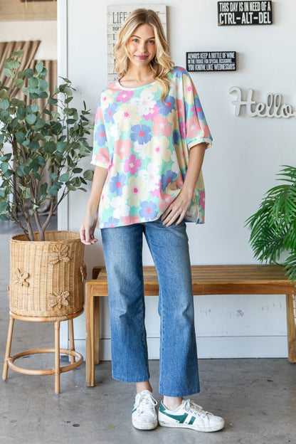 HOPELY Floral Waffle Oversized T-Shirt - Fashion Finder Hub