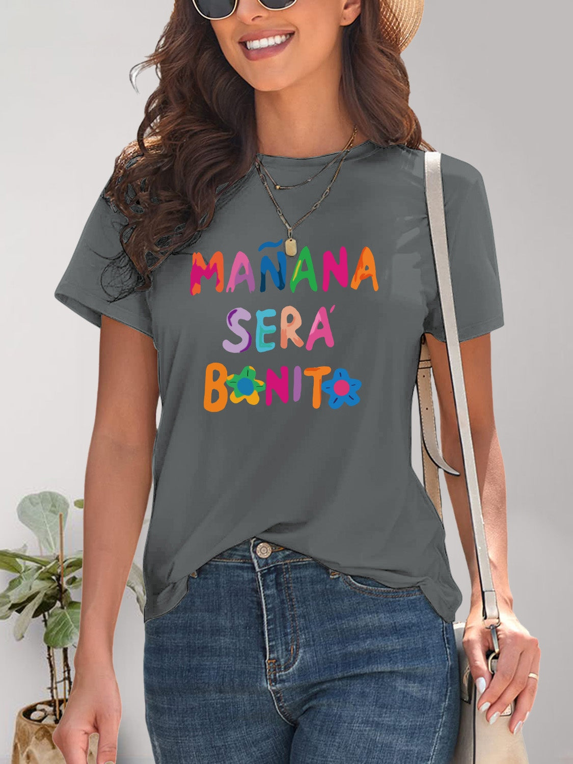 Letter Graphic Round Neck Short Sleeve T-Shirt - Fashion Finder Hub