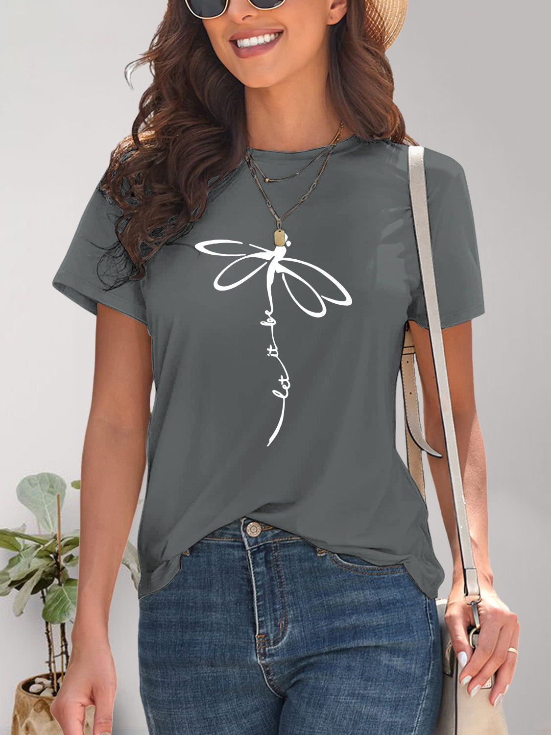 Dragonfly Graphic Round Neck Short Sleeve T-Shirt - Fashion Finder Hub