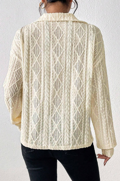 Eyelet Johnny Collar Dropped Shoulder Blouse - Fashion Finder Hub
