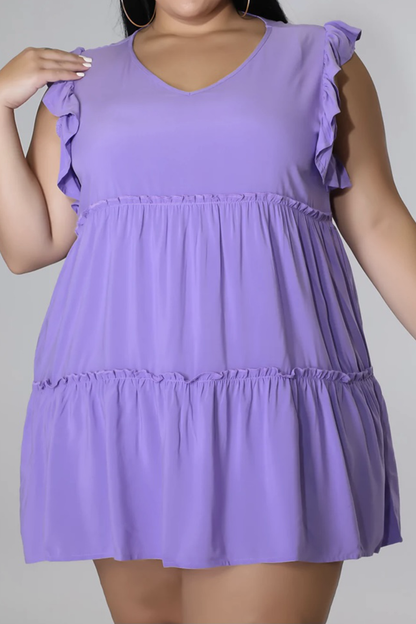 Plus Size V-Neck Frill Trim Mini Dress - Fashion Finder Hub