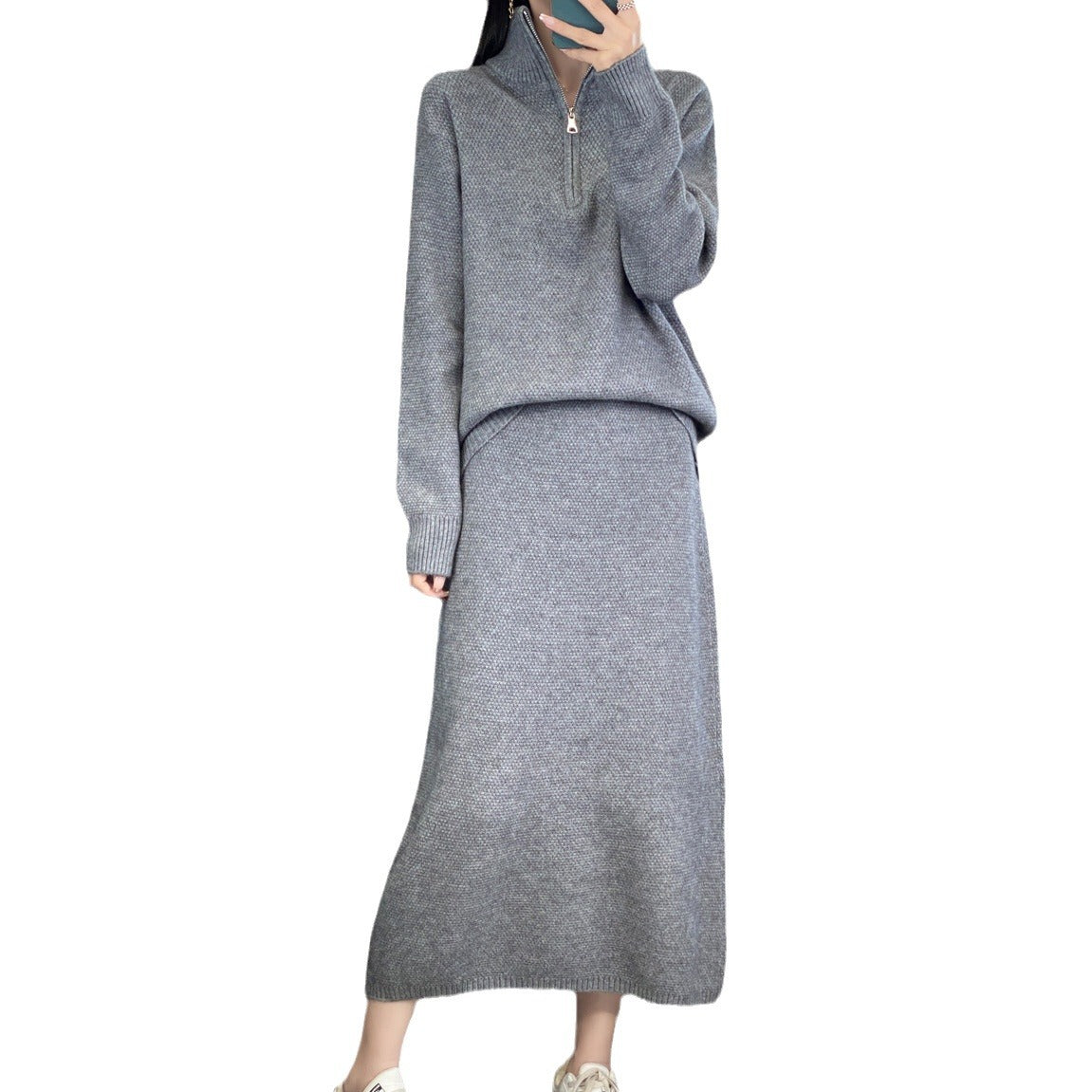 Half Zipper Turtleneck Two-piece Casual Thick Skirt Sweater Set