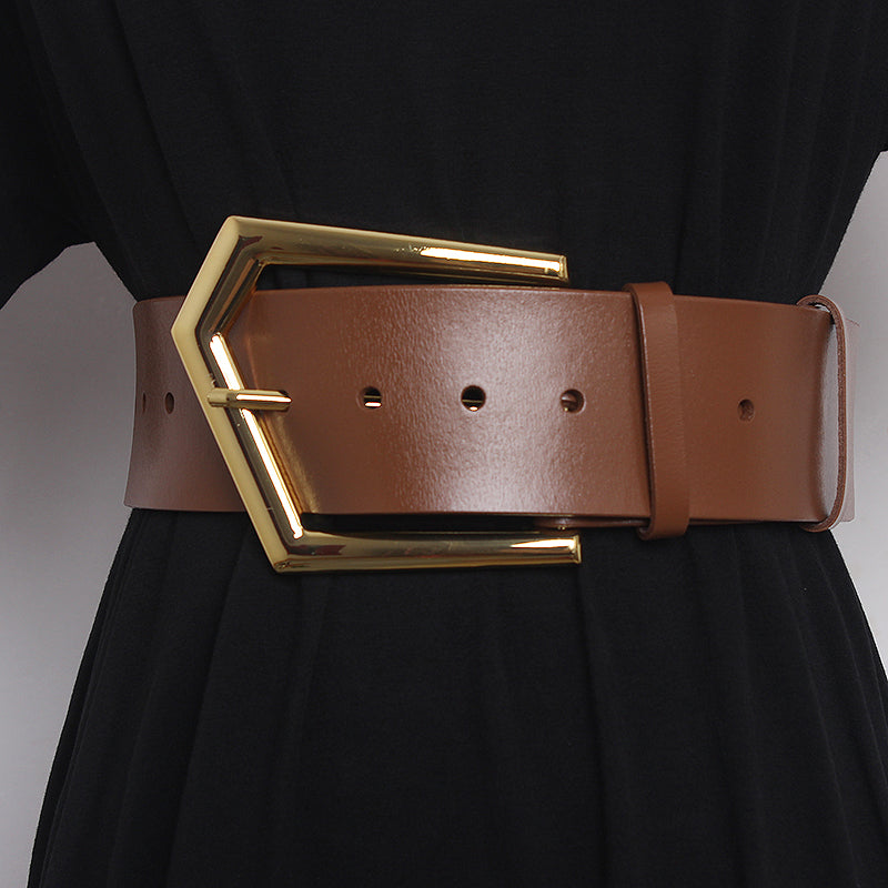 Concave Shape Large Pin Buckle Cowhide Wide Belt